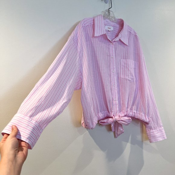 XiRENA Pink Striped Tie Front Button Down Lightweight Classic Designer Blouse XL - Picture 3 of 10